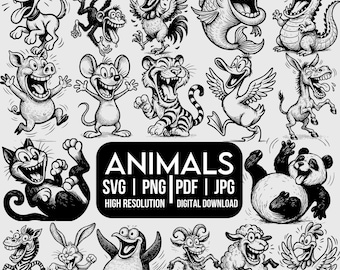 Paquete de imágenes SVG de animales divertidos en estilo lineal, imágenes prediseñadas de dibujos animados (descarga digital)