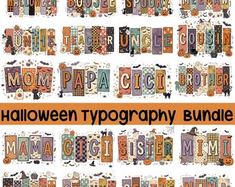 Bundel met 26 Halloween-familie PNG-afbeeldingen: retro griezelige typografie voor bijpassende shirts, sublimatie download.