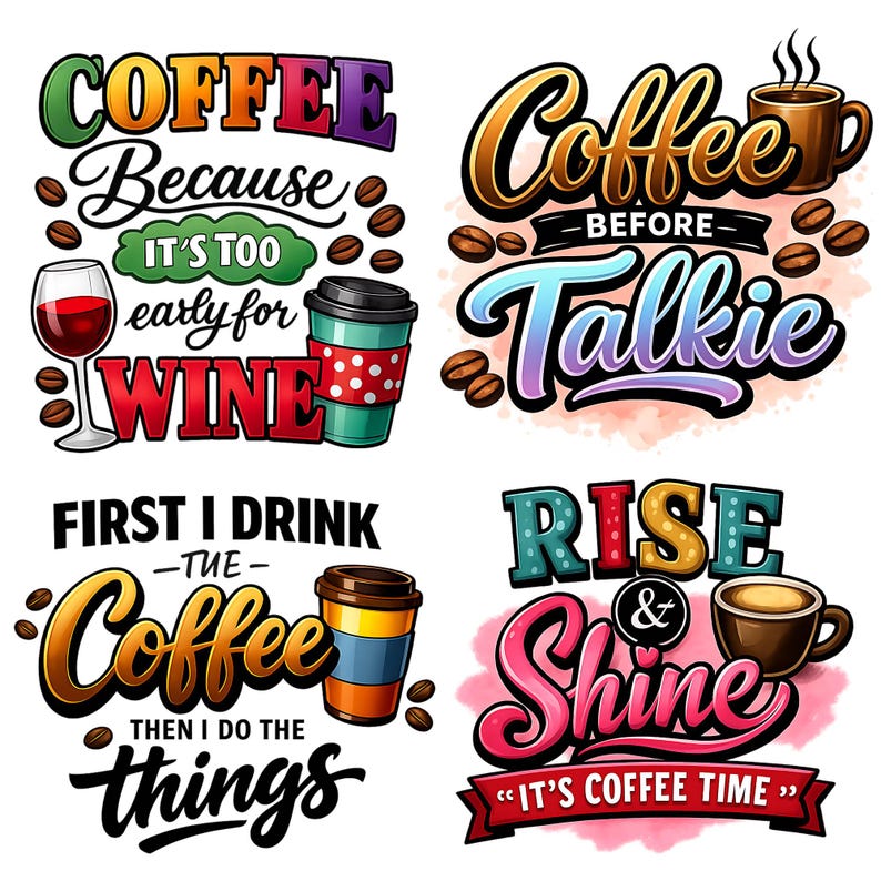 May include: Four colorful coffee-themed designs. One says "Coffee Because It's Too Early For Wine" with a wine glass and coffee cup. Another says "Coffee Before Talkie" with a coffee cup. The third says "First I Drink Coffee Then I Do The Things". The last says "Rise & Shine It's Coffee Time".