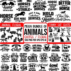 Pode incluir: Uma coleção de designs SVG com tema animal com citações sobre cavalos, cães e gatos. Os designs incluem várias raças de cães, silhuetas de cavalos e ilustrações de gatos, com frases como "Eu amo meu cachorro" e "Horse girl."