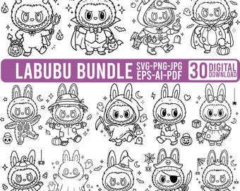30 Halloween Labubu SVG Bundle, Black Outline, Cute Monster PNG Clipart, Digital Download.