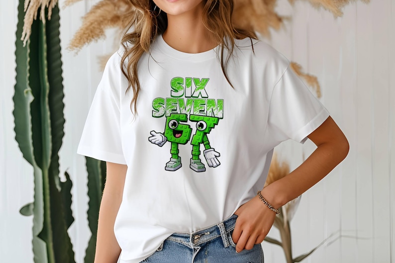 May include: White t-shirt featuring the text "SIX SEVEN" in green, above a cartoon graphic of the numbers 6 and 7 as green characters with arms, legs, and shoes. The shirt is made of a soft material.