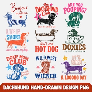 Paquete de imágenes PNG de perros salchicha, diseños de camisetas para perros salchicha, imágenes PNG divertidas de perros salchicha dibujadas a mano para sublimación, imágenes prediseñadas de mamás perrunas, descarga digital