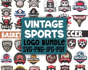 Vintage Sports Logo Bundle, Retro Baseball Football Basketball & Soccer SVG PNG