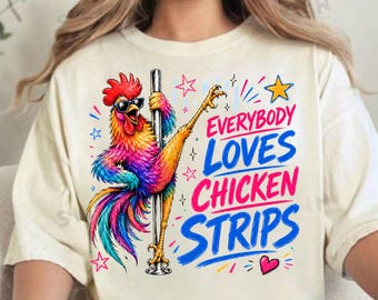 Funny Chicken Strips PNG, Colorful Rooster Pole Dance Shirt Design, Farm Animal Sublimation, Chicken Lover DTF Download