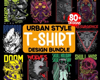 Bundel met meer dan 80 PNG-bestanden in urban streetwear-stijl: gotische schedels, donkere kunst en grunge T-shirtontwerpen.