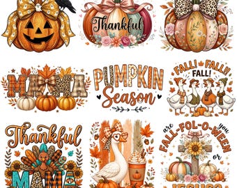 Fall PNG Bundle 9  Designs, Pumpkin Season Sublimation Bundle, Autumn Coquette Bow PNG, Farm Fresh Pumpkin Shirt Design, Fall Harvest