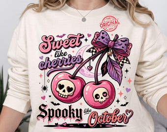 Sweet Like Cherries Spooky Like October PNG, Skull Cherry Halloween, Coquette Bow Sublimation Design
