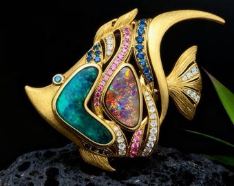 Handmade 18k Gold Boulder Opal Fish Pendant | Artisan Diamond Jewelry