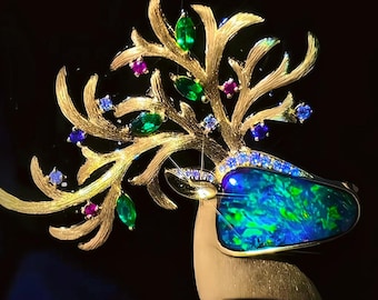 Handmade Boulder Opal Deer Brooch | 18k Gold Diamond Jewelry
