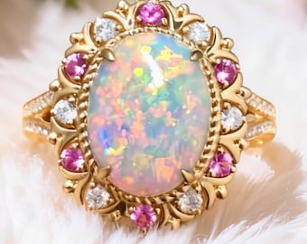 Original Design Australian White Opal Ring 18K Gold Statement Ring Elegant Gift Fine Jewelry