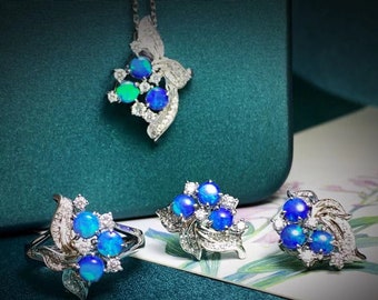 SOLD.18K Gold Australian Natural Crystal Opal Earrings Wedding Diamonds Ring Gem Jewelry sets
