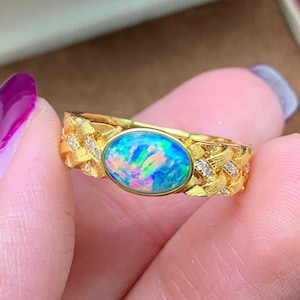 Australia Solid Rainbow Fire Black Crystal Opal Ring | 18K Gold & Natural Diamond | Unique Opal Jewelry | Birthday Gift for Her