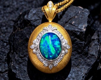 Vintage Australian Black Crystal Opal Pendant, 18K Gold Brushed Finish