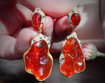 SOLD.18K Gold Mexican Natural Red Fire Facet Opal Earrings Collection Diamonds Ruby Earrings Wedding Jewelry