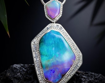 Boulder Opal Pendant, Diamond Halo, Sterling Silver Necklace