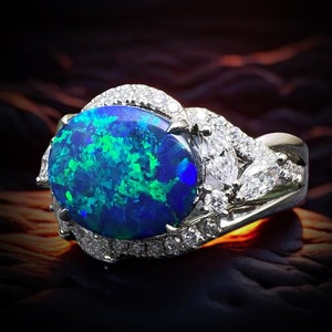Australian Natural Solid Black Opal Ring | 18K Gold & Natural Diamond | Unique Opal Jewelry | Birthday Gift for Her