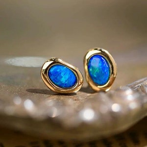 18k Solid Gold Australian Opal Earrings: Yellow Gold Jewelry