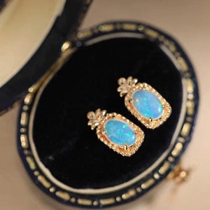 18K Solid  Gold Australian Natural Crystal Opal pineapple Earrings