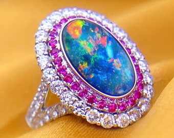 Sold Out.Australian Natural Rainbow Fire Black Opal Ring. 18K Gold Opal Wedding Ring.Collection Diamonds Ring
