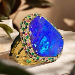 Solid Boulder Opal Ring in 18K Gold & Diamond | Natural Australian Opal | Handmade Statement Jewelry | Unique Gift for Her | Original Design