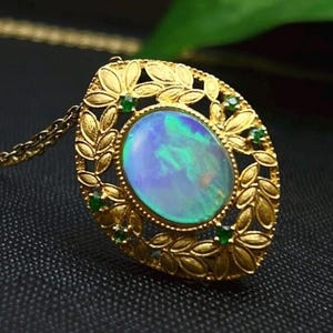 Custom-made 18K Gold Australian Natural Solid Crystal Opal Pendants/Victorian style jewelry/ Diamonds Wedding Jewelry/Birthstone Gift