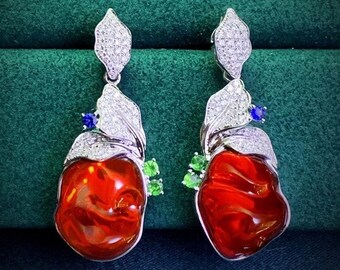Sold Out. Just For Appreciation. Mexico Natural Red Fire Opal 18K Gold Red Fire Opal Earrings Wedding Jewelry