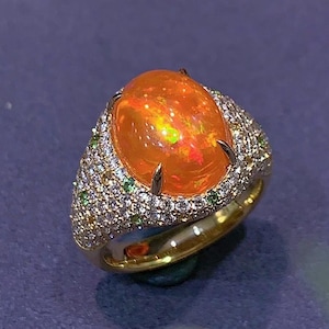 Handmade Mexico Solid Fire Opal Ring | 18K Gold & Natural Diamond | Unique Opal Wedding Jewelry | Birthday Gift for Her