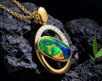 Australian Black Opal Pendant: 18K Gold Diamond Necklace, Handmade Jewelry