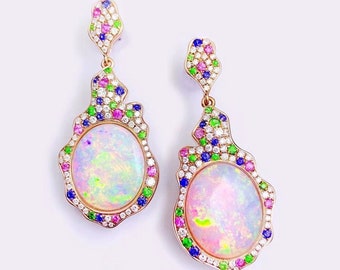 SOLD.18K Gold Top-Gem Australian Natural Solid Coober Pedy Crystal Opal Earrings Diamonds Wedding Jewelry