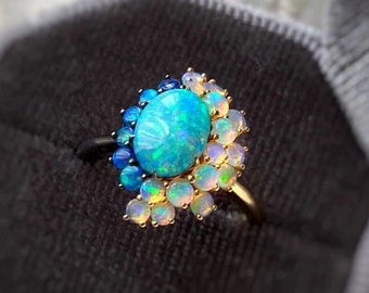18K Gold Australian Opal Ring: Natural Blue Fire Crystal, October Birthstone