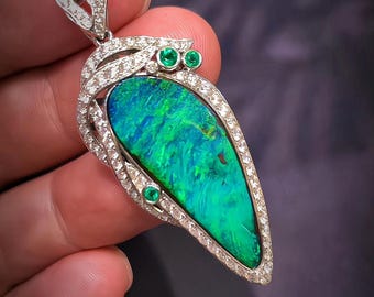 Handmade 18k Gold Boulder Opal Pendant | Diamond Australian Jewelry