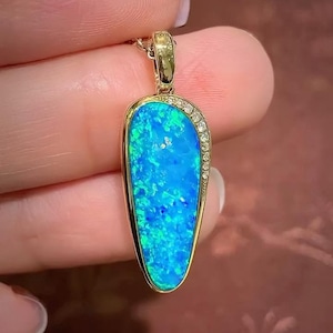 Australian Natural solid Blue Fire Crystal Opal Pedant.18K solid yellow Gold Opal necklace.Collection Diamonds wedding jewelry birthday gift