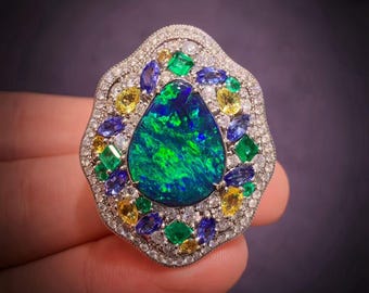Black Opal Dual Use Ring Pendant, Solid 18K Gold Gem Jewelry,October Birthstone