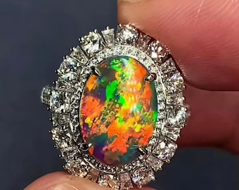 Handmade Lightning Ridge Black Opal Ring, Diamond Halo & 18k Gold, Australian Opal Jewelry, Gift for Her
