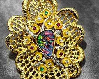 Vintage Estate 18K Gold Brooch‑Pendant, Natural Australian Boulder Opal & MOP, Whimsical Castle Art Jewelry, Two‑Way Wearable Heirloom Piece
