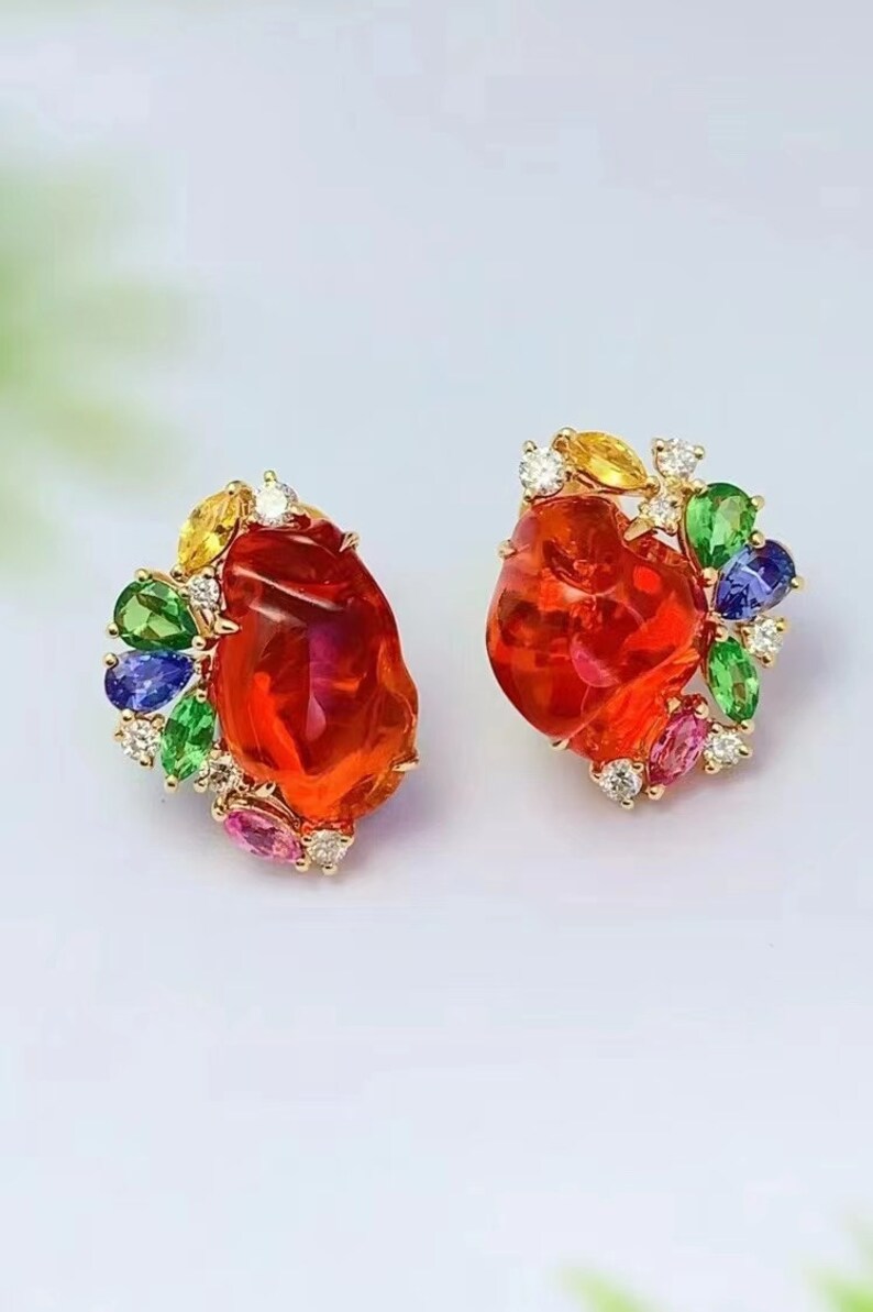 18K Gold Mexican Natural Red Fire Opal Earrings Collection Diamonds ...