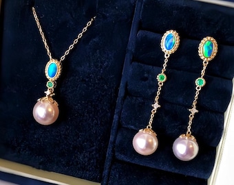 Custom 18K Gold Opal Earrings: Australian Crystal & Pearl Set
