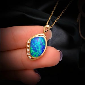 Black Crystal Opal Pendant | 18K Gold & Diamond | Natural Australian Opal Jewelry | Handmade Original Design | Unique Gift for Her