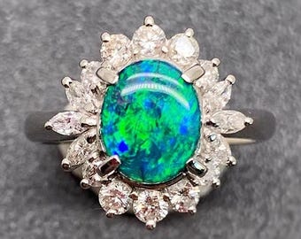 Vintage Australian Solid Black Opal Ring | PT900 & Natural Diamond | Unique Opal Jewelry | Birthday Gift for Her