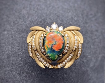 Two‑Way Designer Black Opal Jewellery, Convertible Ring and Pendant, Natural Australian Black Opal, 18K Solid Gold, Diamond Accent