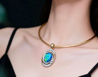 Australian Black Crystal Opal Pendant | 18K Gold, Natural Diamond Necklace