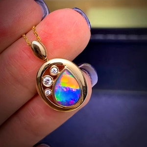 Handmade 18K Gold Australian Opal Pendant with Diamonds
