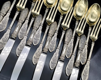 French 950 Sterling Silver Gilt 3-Piece Cutlery Set, Ornate Floral Antique Dessert Knife Fork Spoon, Heirloom Fine Silver Tableware