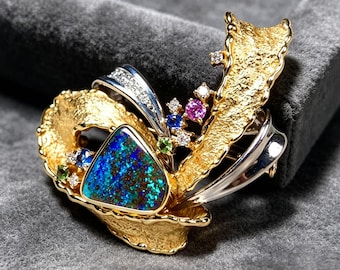 Handmade Two Way Boulder Opal Pendant Brooch, Australian Solid Boulder Opal, 18K Gold + PT900 Platinum Multi-Colored Gemstone Luxury Wear