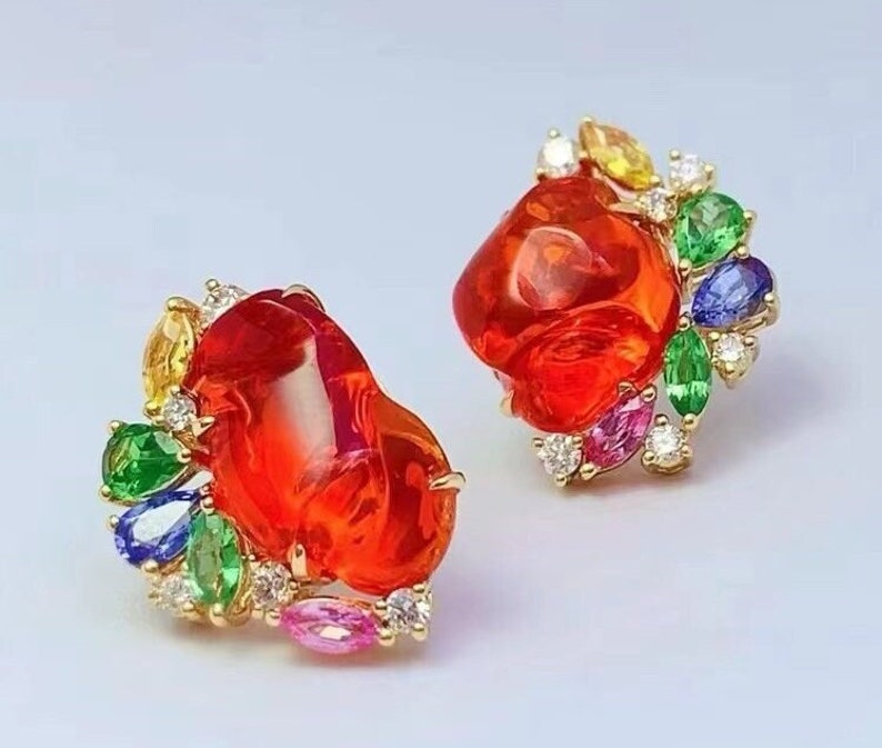 18K Gold Mexican Natural Red Fire Opal Earrings Collection Diamonds ...