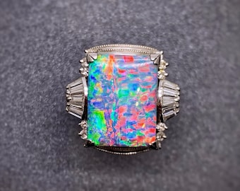 Estate Australian Boulder Opal Ring in Solid Pt900 Platinum, Natural Queensland Boulder Opal, Pre‑Owned Vintage Gemstone Jewelry