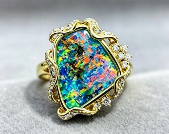 18K Gold Australian Boulder Opal Ring, Queensland Gemstone, Diamond Accent, One‑of‑a‑Kind October Birthstone Gift Ring