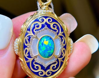 Vintage Australian Black Opal Pendant, 18K Gold Diamond Enamel