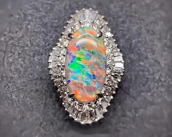 Natural Australian Crystal Opal Ring, PT900 Platinum Setting With Genuine Diamonds, Rainbow Multi‑Color Opal Engagement Ring